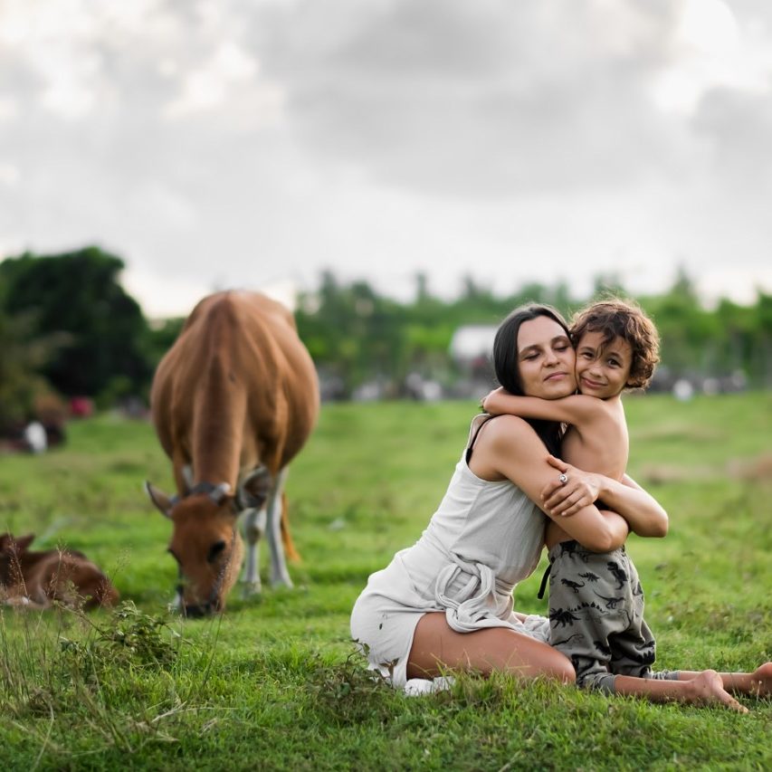 Mother and son hugging in the meadow among the cows
