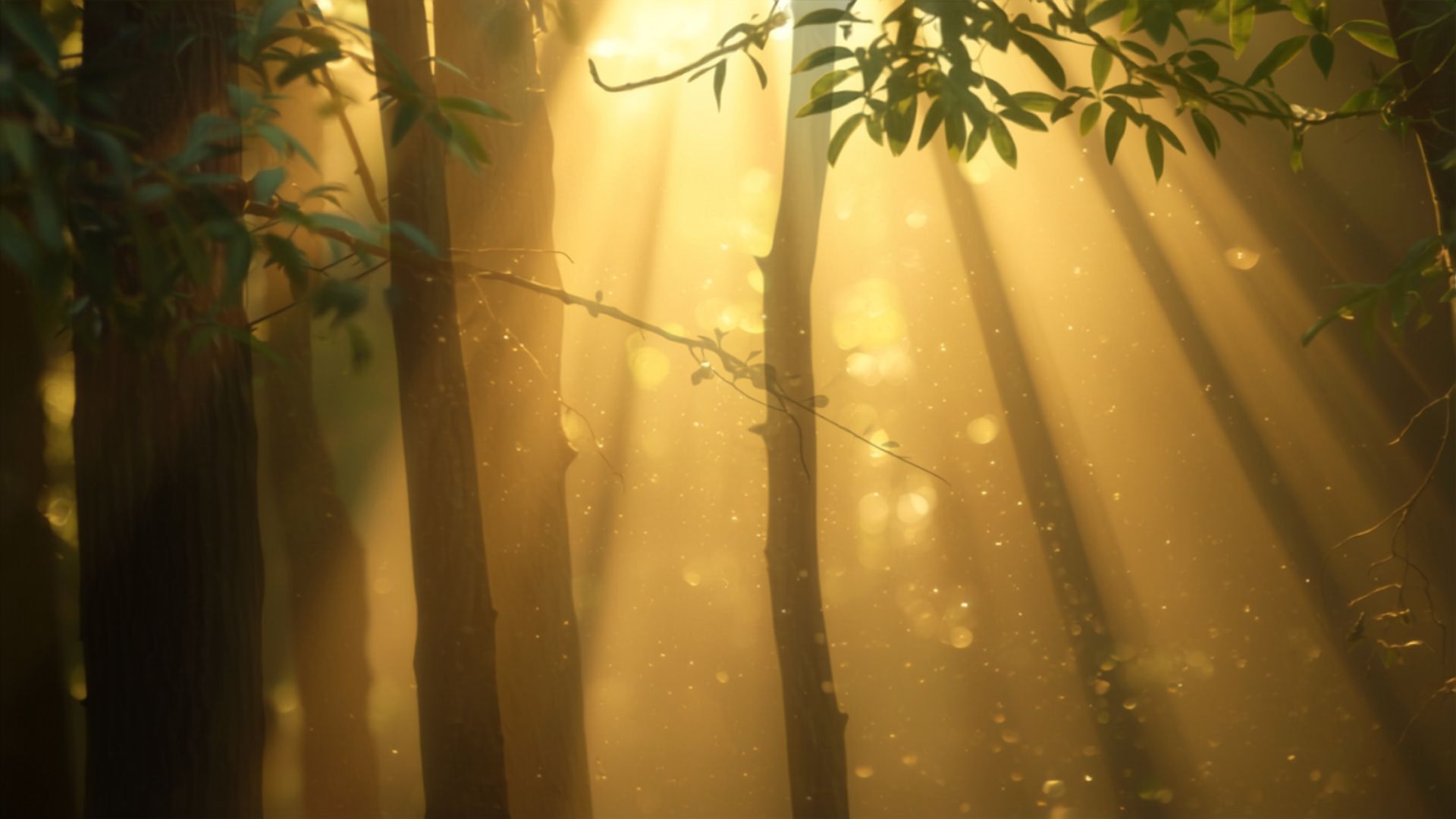Soft golden light through misty trees, symbolizing unity and interconnectedness