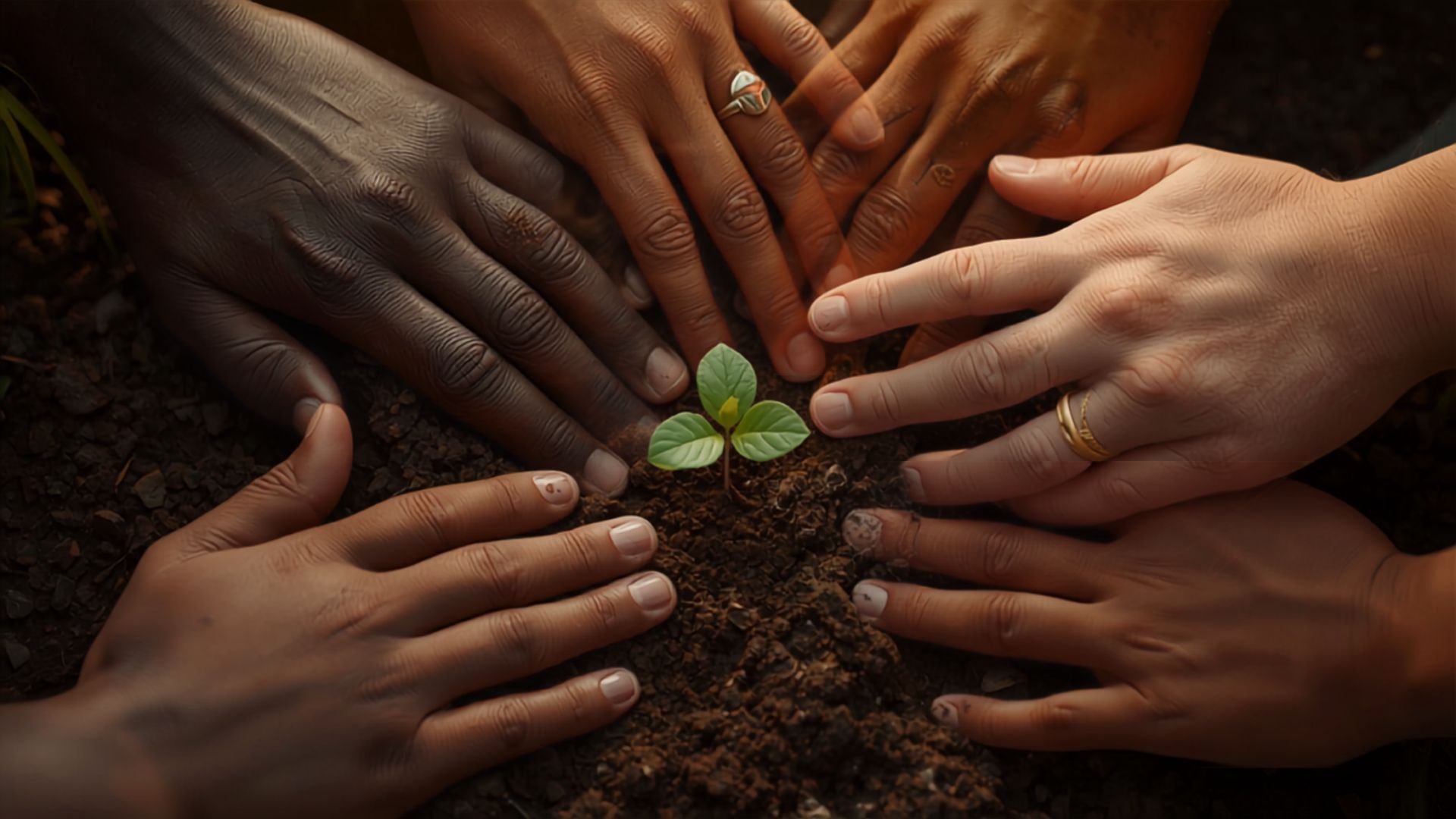 Diverse hands joining together above a sprouting seedling, symbolizing collaboration and shared growth